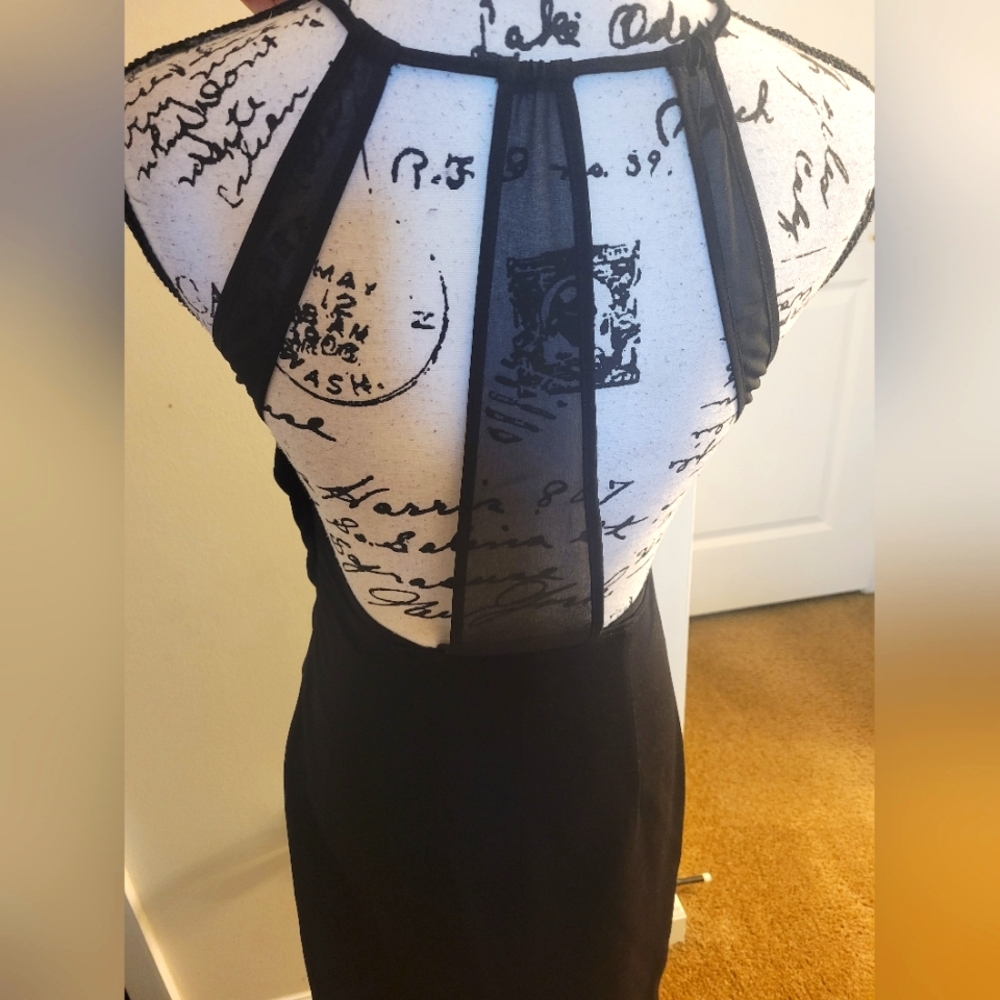 bebe Black Backless Halter Dress with Sheer Back Panels